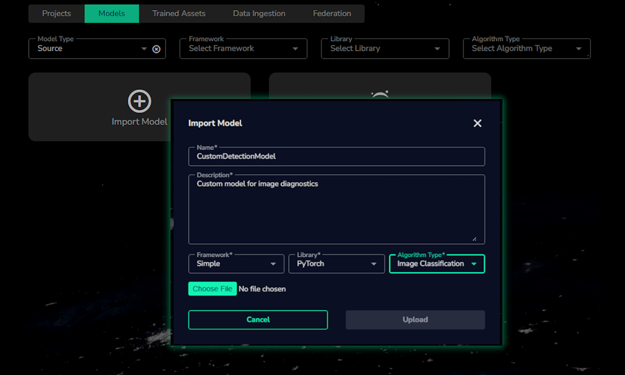 axonis platform screenshot of importing a model