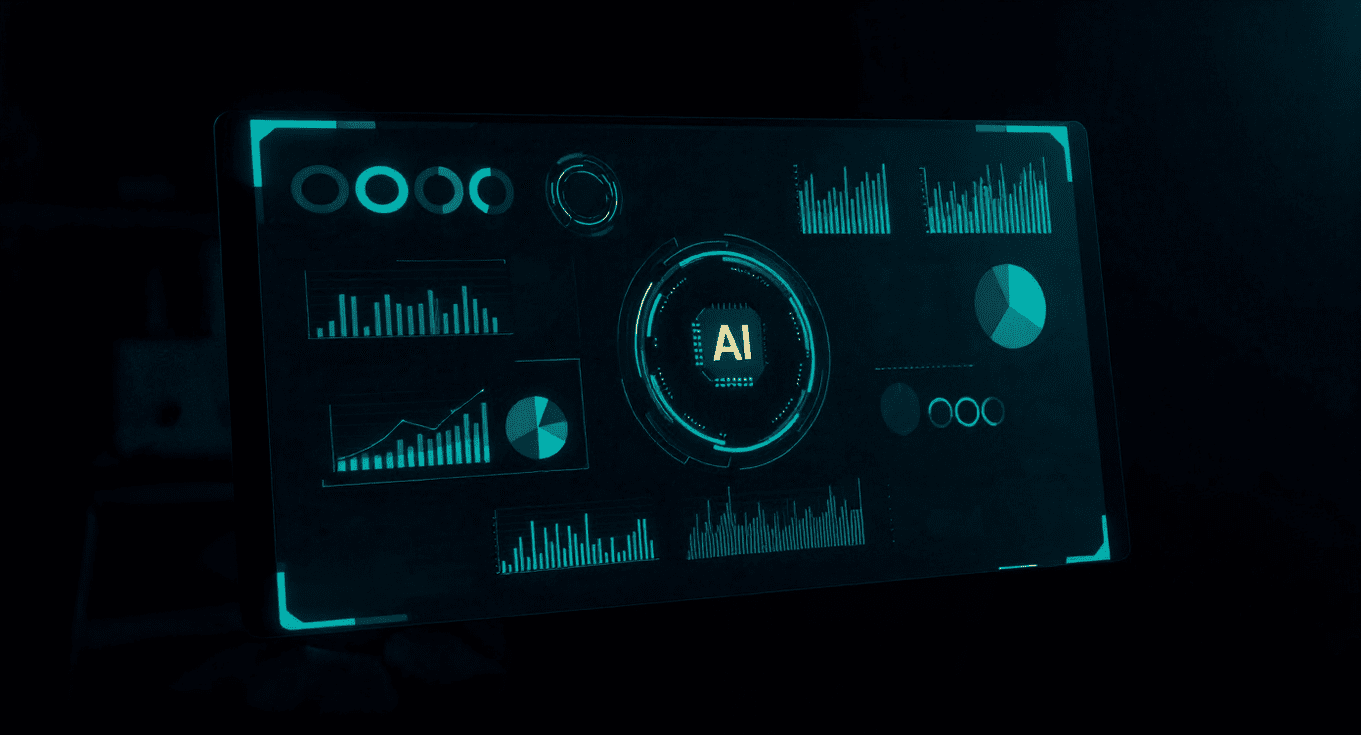 dark computer screen with "AI" and statistics