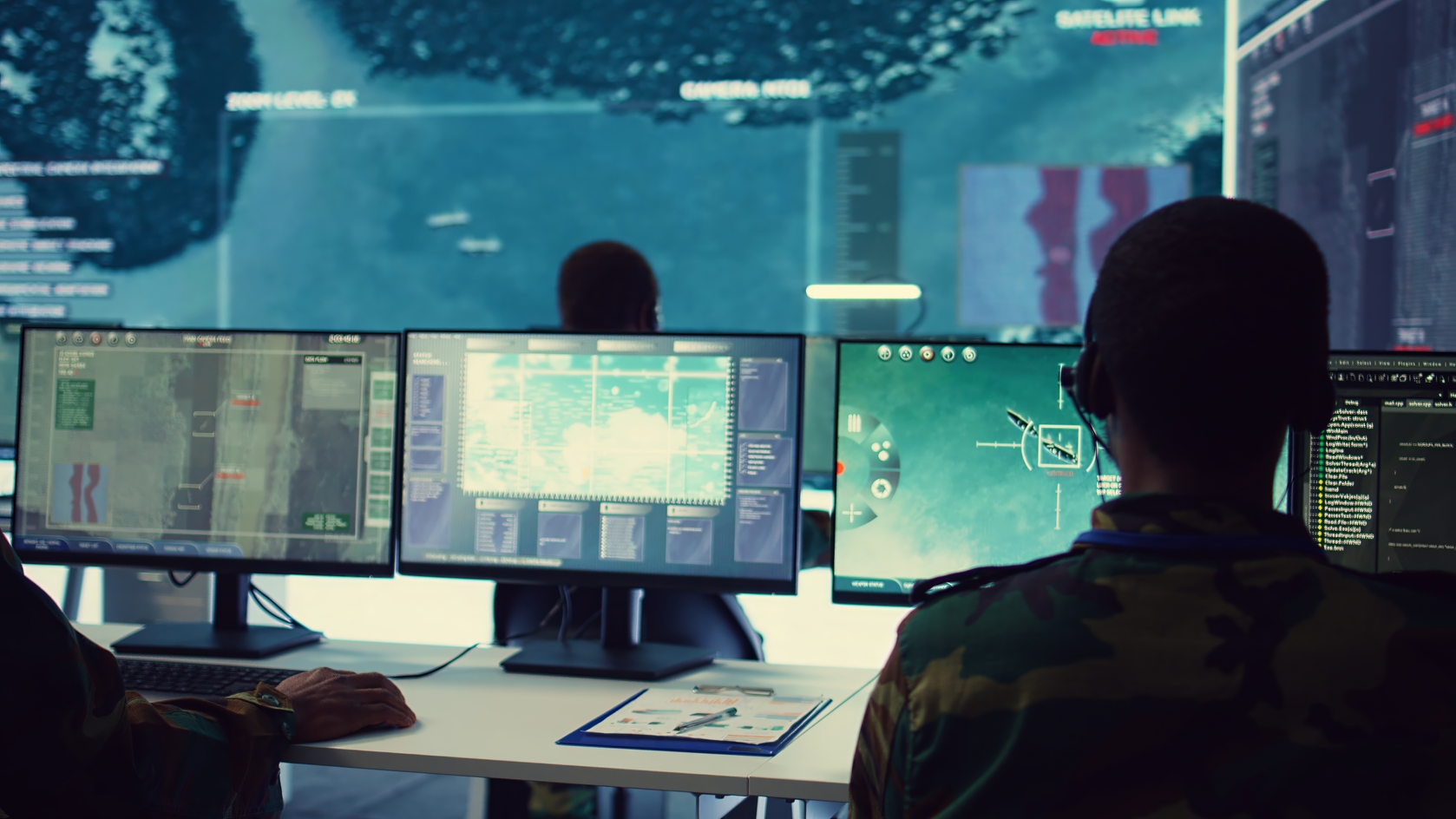 personnel looking at data and radar in dark room